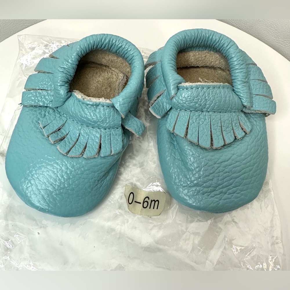 Turquoise Leather Baby Soft Soled Fringe Moccasins Size 0-6 months New